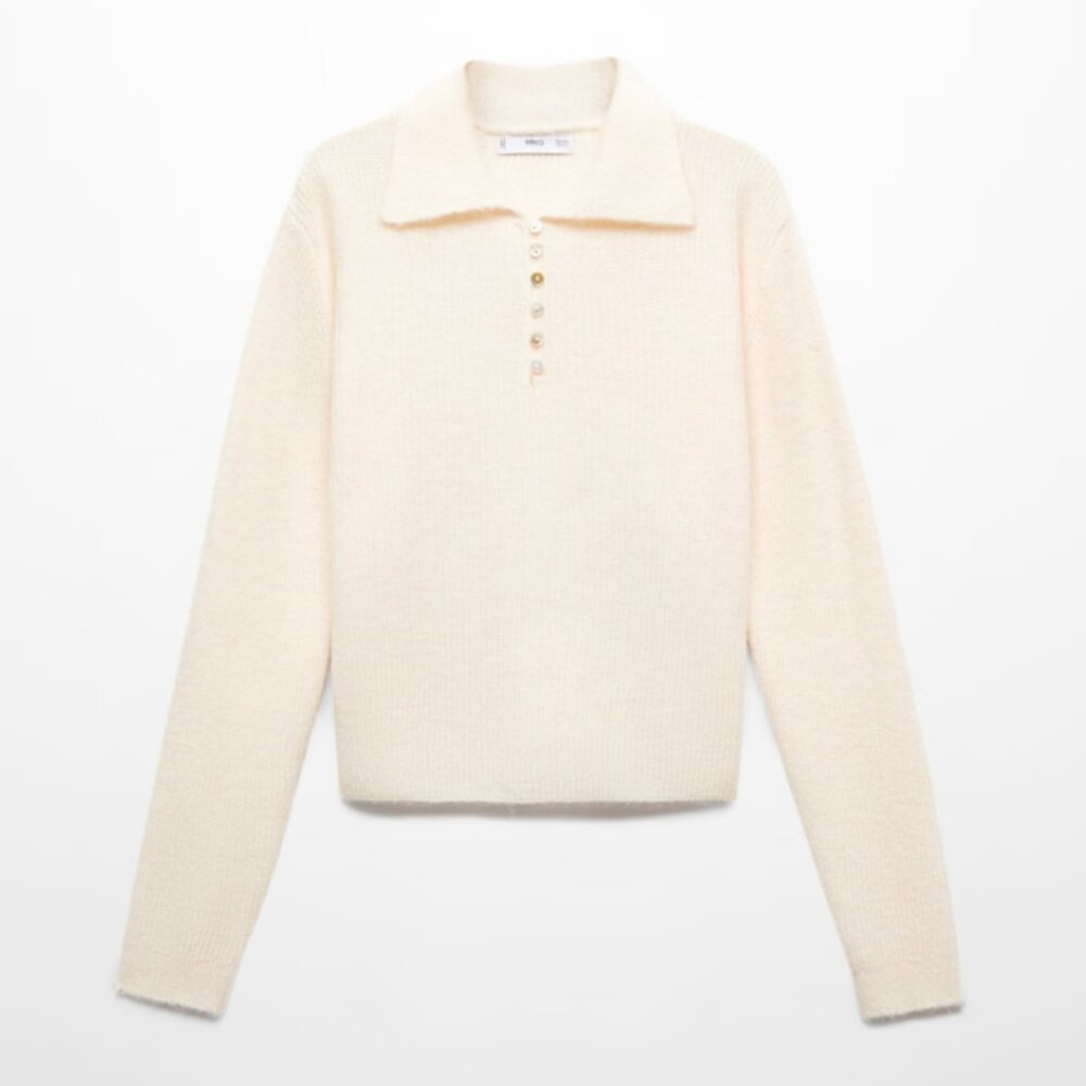 Mango Cream Ribbed Polo-Style Button Front Sweater - Picture 3 of 7